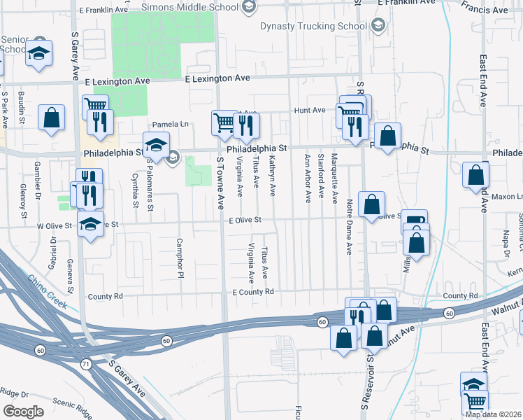 map of restaurants, bars, coffee shops, grocery stores, and more near 2276 Titus Avenue in Pomona