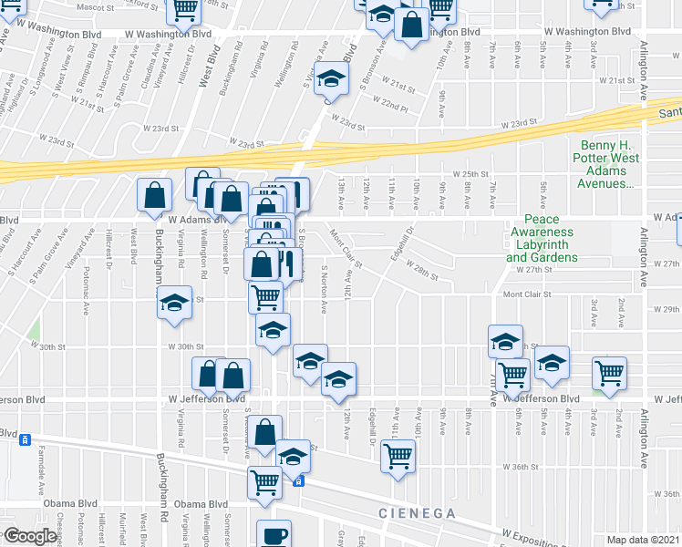 map of restaurants, bars, coffee shops, grocery stores, and more near 2819 12th Avenue in Los Angeles