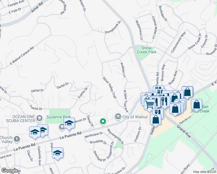 map of restaurants, bars, coffee shops, grocery stores, and more near 693 Silver Valley Trail in Walnut
