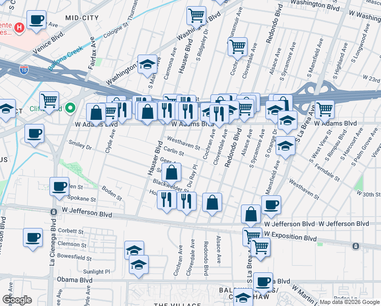 map of restaurants, bars, coffee shops, grocery stores, and more near 5343 Carlin Street in Los Angeles