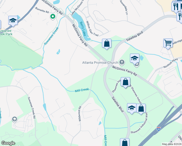 map of restaurants, bars, coffee shops, grocery stores, and more near 3380 Wildwood Road in Suwanee