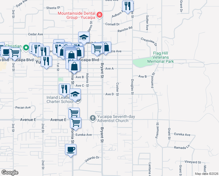 map of restaurants, bars, coffee shops, grocery stores, and more near 35375 Schad Lane in Yucaipa