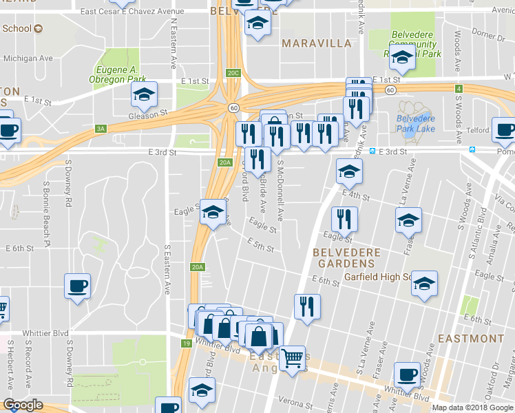 map of restaurants, bars, coffee shops, grocery stores, and more near 439 South McBride Avenue in East Los Angeles