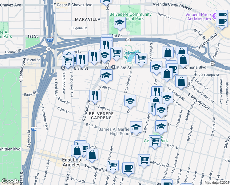 map of restaurants, bars, coffee shops, grocery stores, and more near 407 South Ferris Avenue in East Los Angeles