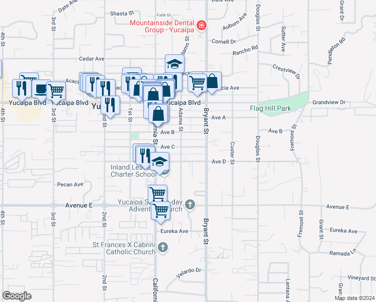 map of restaurants, bars, coffee shops, grocery stores, and more near 35227 Avenue C in Yucaipa