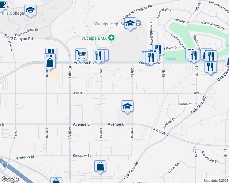 map of restaurants, bars, coffee shops, grocery stores, and more near 32828 Avenue D in Yucaipa