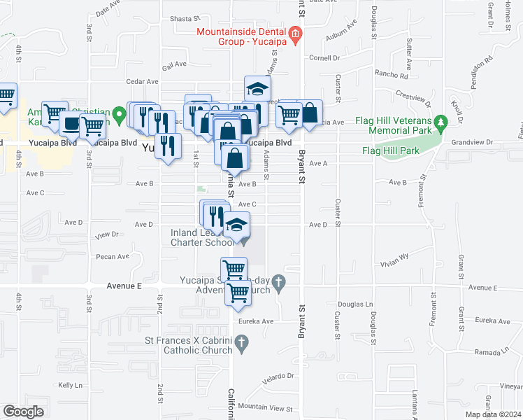 map of restaurants, bars, coffee shops, grocery stores, and more near 35187 Avenue C in Yucaipa