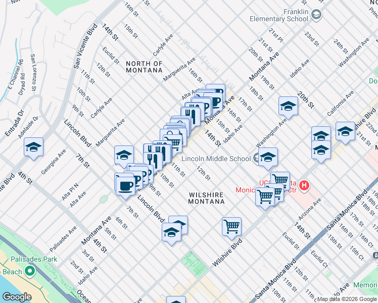 map of restaurants, bars, coffee shops, grocery stores, and more near 817 12th Street in Santa Monica