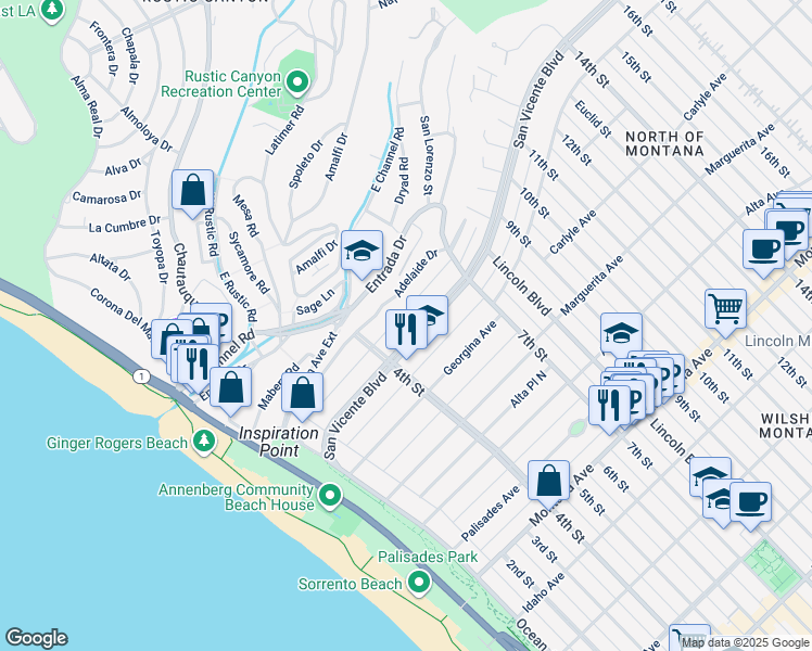 map of restaurants, bars, coffee shops, grocery stores, and more near 437 San Vicente Boulevard in Santa Monica