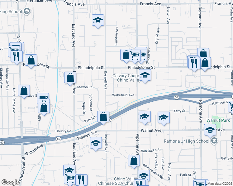 map of restaurants, bars, coffee shops, grocery stores, and more near 3954 Wakefield Avenue in Chino