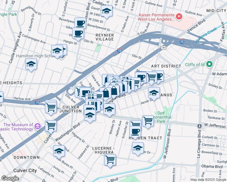 map of restaurants, bars, coffee shops, grocery stores, and more near 3240 Helms Avenue in Los Angeles