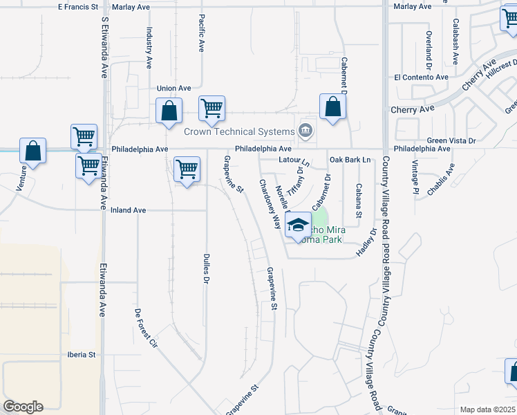 map of restaurants, bars, coffee shops, grocery stores, and more near 10551 Bellegrave Avenue in Jurupa Valley