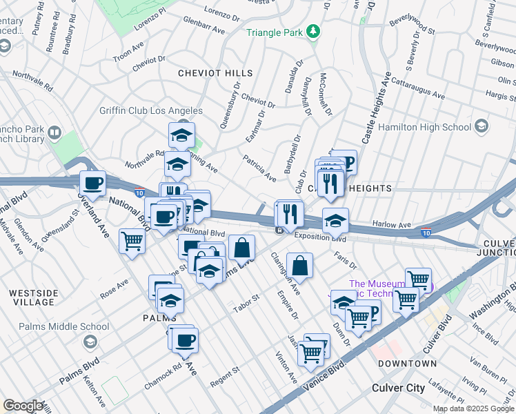 map of restaurants, bars, coffee shops, grocery stores, and more near 3375 Manning Avenue in Los Angeles