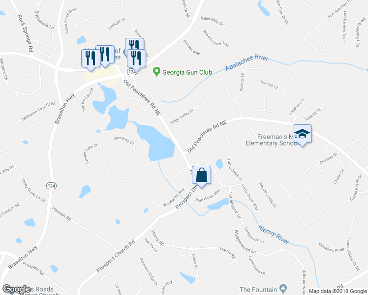 map of restaurants, bars, coffee shops, grocery stores, and more near 1984 Old Peachtree Road Northeast in Lawrenceville