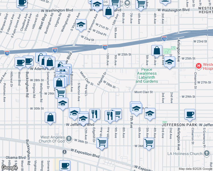 map of restaurants, bars, coffee shops, grocery stores, and more near 3926 West 28th Street in Los Angeles