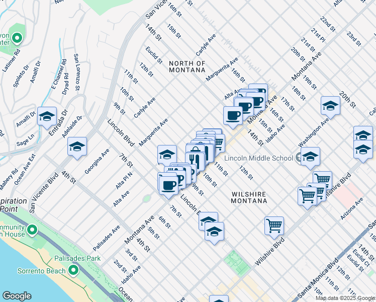 map of restaurants, bars, coffee shops, grocery stores, and more near 627 10th Street in Santa Monica