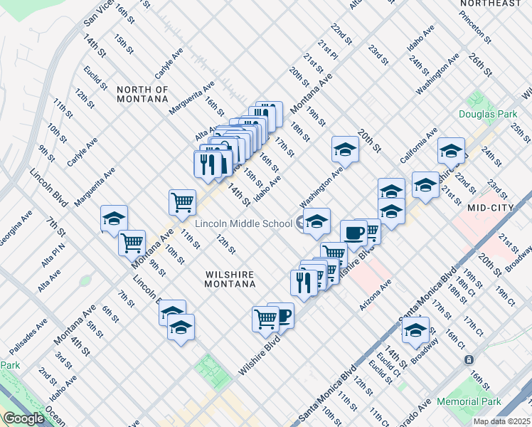 map of restaurants, bars, coffee shops, grocery stores, and more near 925 14th Street in Santa Monica