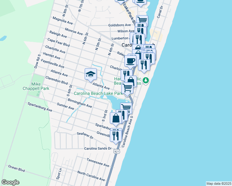 map of restaurants, bars, coffee shops, grocery stores, and more near 215 Atlanta Avenue in Carolina Beach