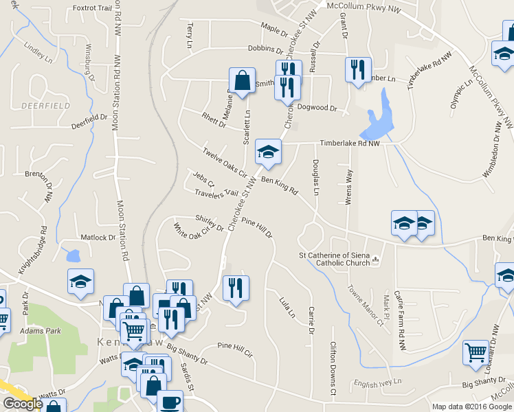 map of restaurants, bars, coffee shops, grocery stores, and more near 3190 Duvall Place in Kennesaw
