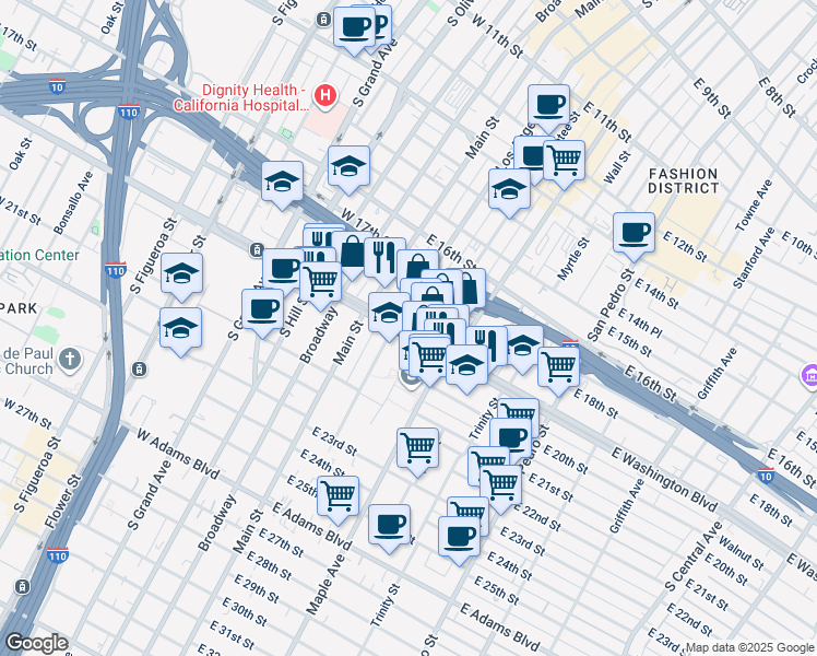 map of restaurants, bars, coffee shops, grocery stores, and more near 215 East Washington Boulevard in Los Angeles