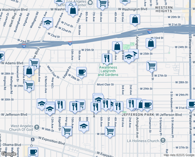 map of restaurants, bars, coffee shops, grocery stores, and more near 2735 South 7th Avenue in Los Angeles