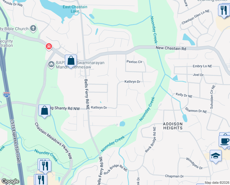 map of restaurants, bars, coffee shops, grocery stores, and more near 161 Kathryn Drive in Marietta