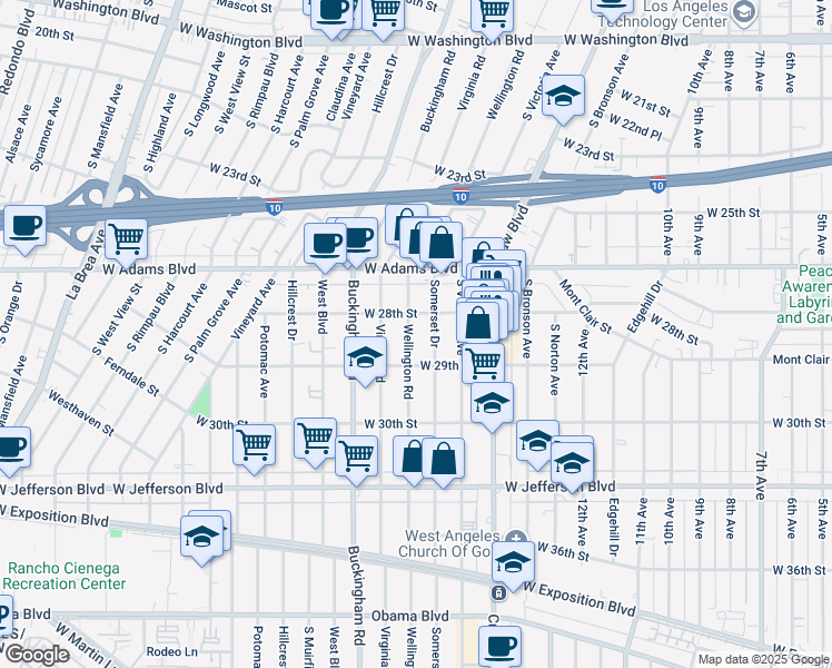 map of restaurants, bars, coffee shops, grocery stores, and more near 2822 1/2 Wellington Road in Los Angeles