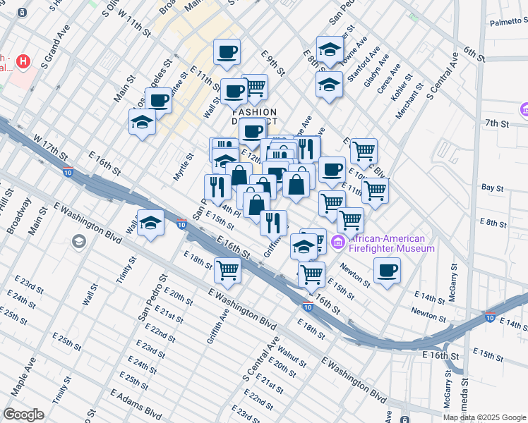 map of restaurants, bars, coffee shops, grocery stores, and more near 820 East 14th Street in Los Angeles