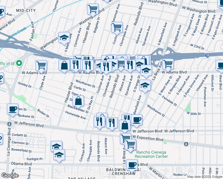map of restaurants, bars, coffee shops, grocery stores, and more near 2671 South Redondo Boulevard in Los Angeles