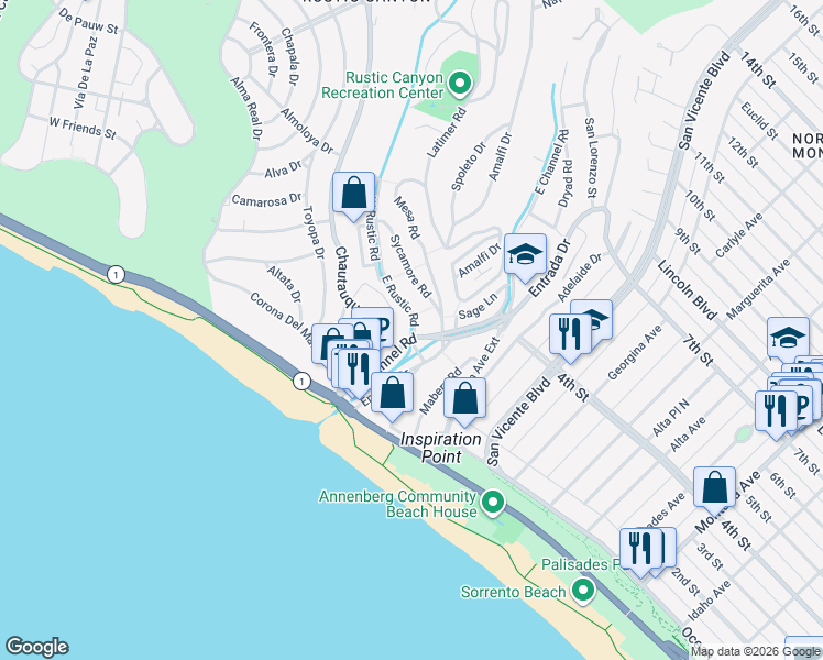 map of restaurants, bars, coffee shops, grocery stores, and more near 301 East Rustic Road in Santa Monica