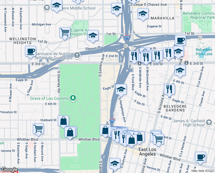 map of restaurants, bars, coffee shops, grocery stores, and more near 4335 Eagle Street in East Los Angeles