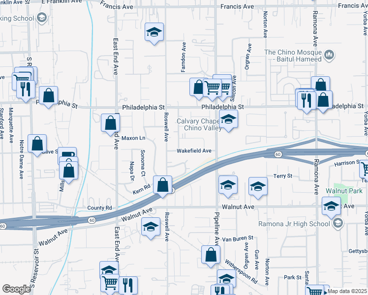 map of restaurants, bars, coffee shops, grocery stores, and more near 3954 Wakefield Avenue in Chino
