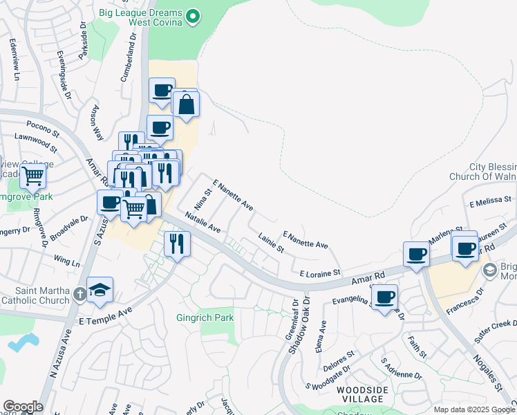 map of restaurants, bars, coffee shops, grocery stores, and more near 1753 East Nanette Avenue in West Covina