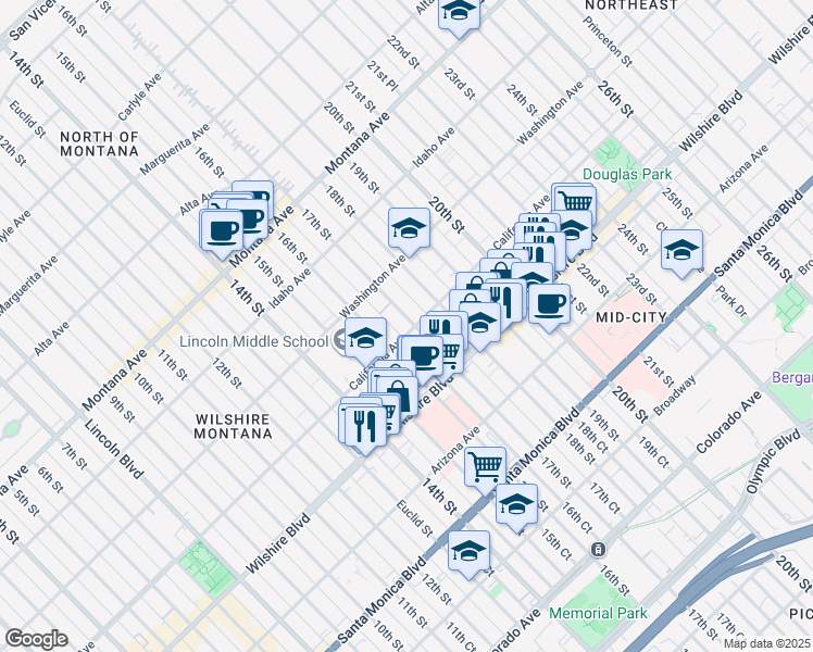 map of restaurants, bars, coffee shops, grocery stores, and more near 1629 California Avenue in Santa Monica