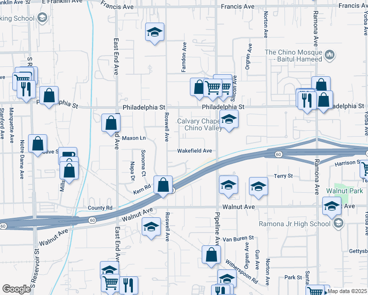 map of restaurants, bars, coffee shops, grocery stores, and more near 3954 Wakefield Avenue in Chino