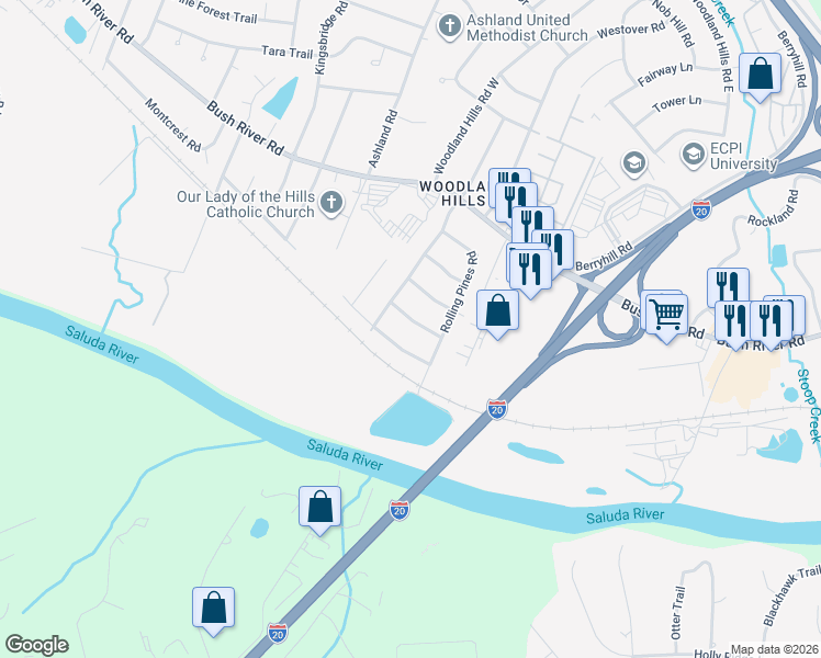 map of restaurants, bars, coffee shops, grocery stores, and more near 2431 Merry Wood Road in Columbia