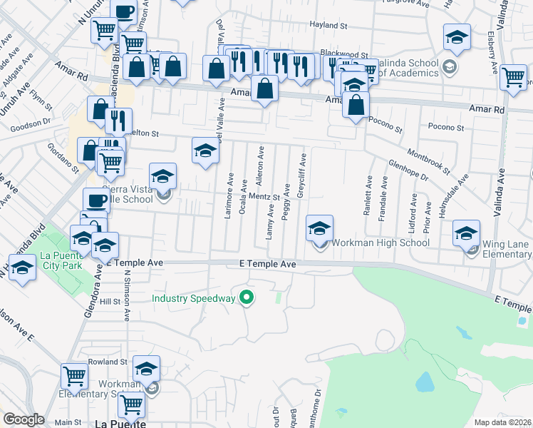 map of restaurants, bars, coffee shops, grocery stores, and more near 703 Lanny Avenue in La Puente