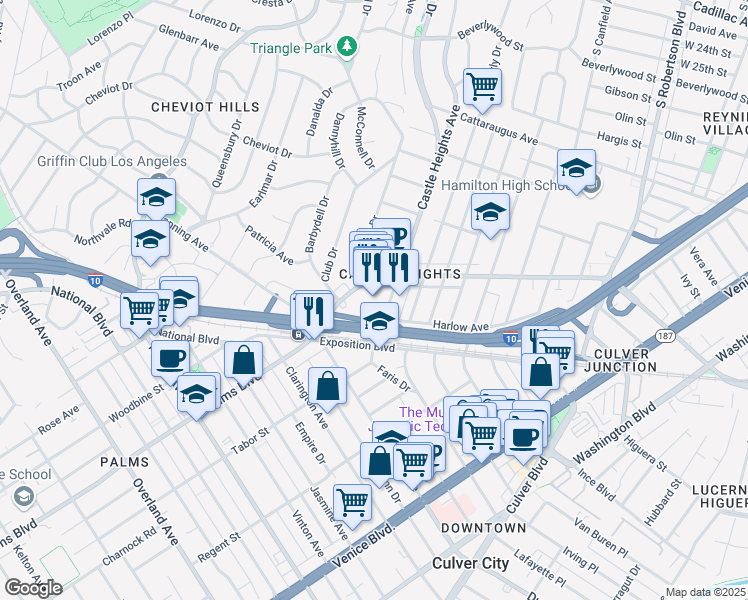 map of restaurants, bars, coffee shops, grocery stores, and more near 9854 National Boulevard in Los Angeles