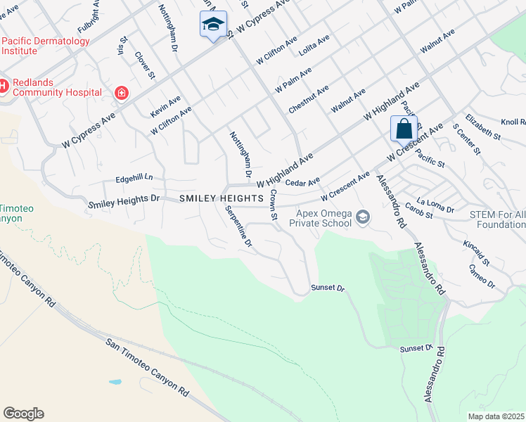 map of restaurants, bars, coffee shops, grocery stores, and more near 1259 West Crescent Avenue in Redlands