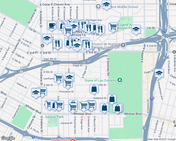 map of restaurants, bars, coffee shops, grocery stores, and more near 459 South Herbert Avenue in Los Angeles