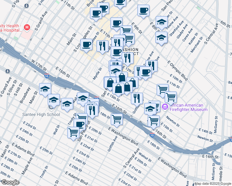 map of restaurants, bars, coffee shops, grocery stores, and more near 122 East 14th Place in Los Angeles