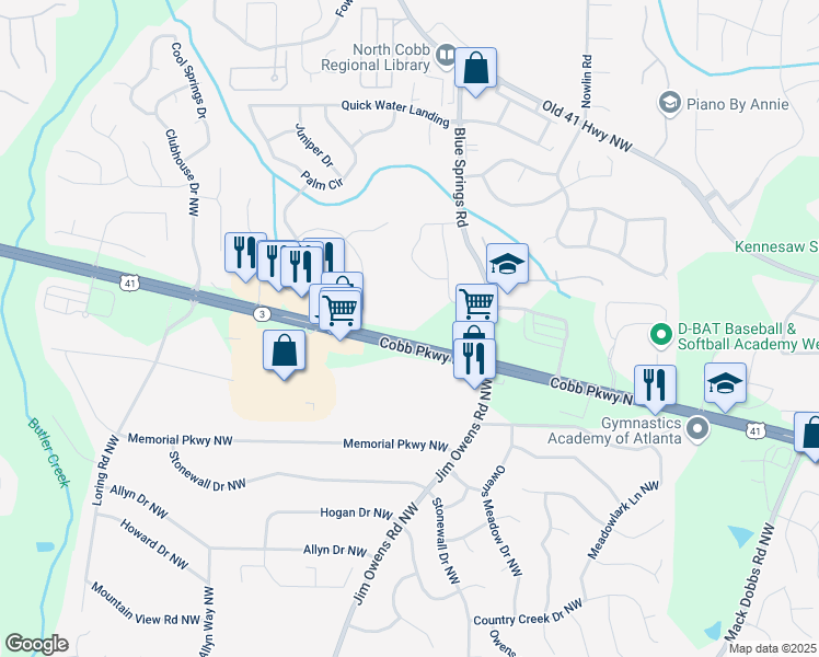 map of restaurants, bars, coffee shops, grocery stores, and more near 3102 U.S. 41 in Kennesaw
