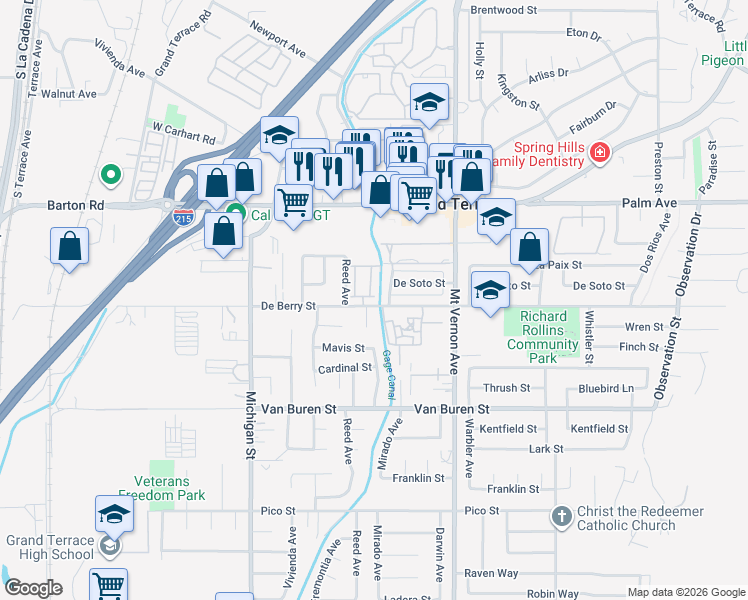 map of restaurants, bars, coffee shops, grocery stores, and more near 22320 Blue Lupine Circle in Grand Terrace