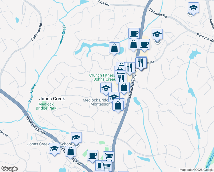 map of restaurants, bars, coffee shops, grocery stores, and more near 320 Medridge Drive in Alpharetta