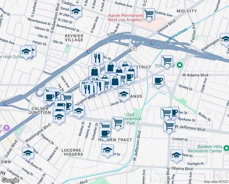 map of restaurants, bars, coffee shops, grocery stores, and more near 8534 Washington Boulevard in Culver City