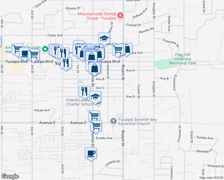map of restaurants, bars, coffee shops, grocery stores, and more near 35227 Avenue C in Yucaipa