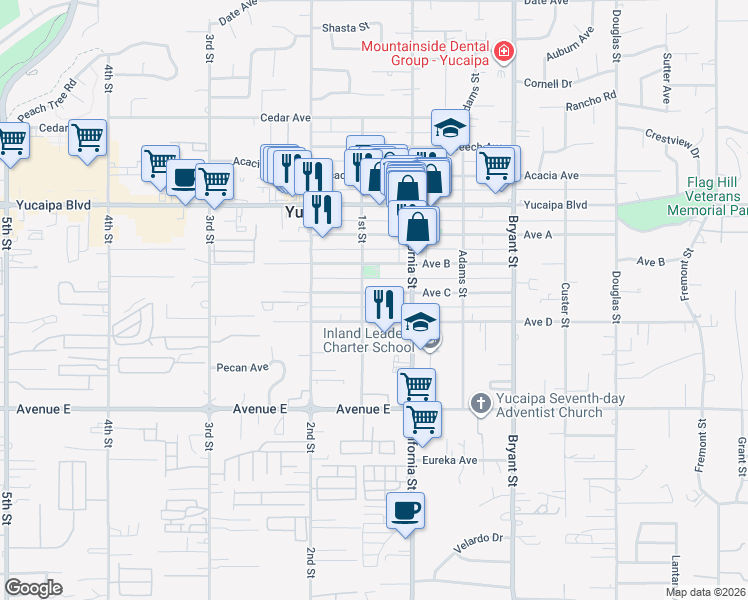 map of restaurants, bars, coffee shops, grocery stores, and more near 35019-35039 Avenue C in Yucaipa