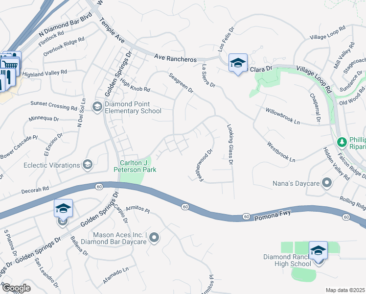 map of restaurants, bars, coffee shops, grocery stores, and more near 24242 Sylvan Glen Road in Diamond Bar