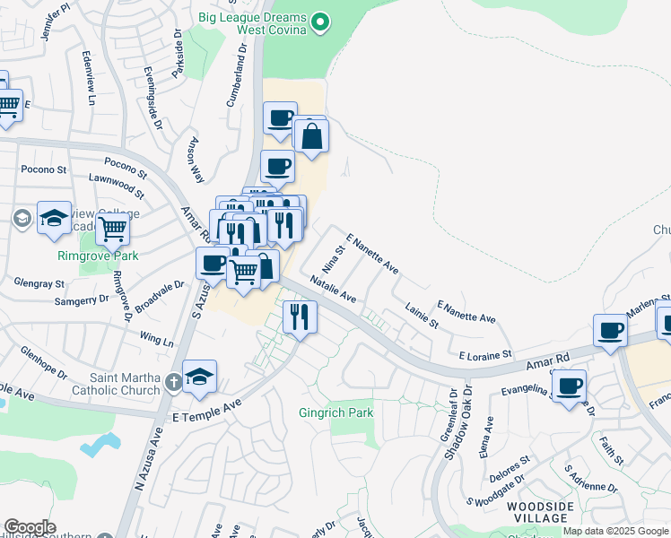 map of restaurants, bars, coffee shops, grocery stores, and more near 2435 South Nancy Street in West Covina