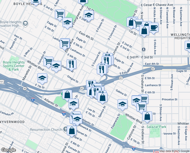 map of restaurants, bars, coffee shops, grocery stores, and more near 3327 Sabina Street in Los Angeles
